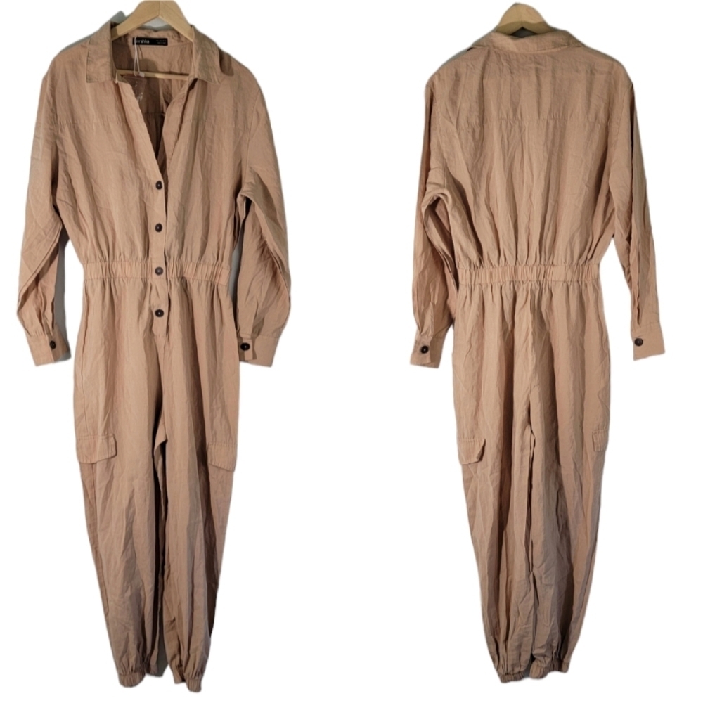 NEW Bershka Women Full Length Jumpsuit Sz L Tan Lyocell Elastic Waist Long Sleev